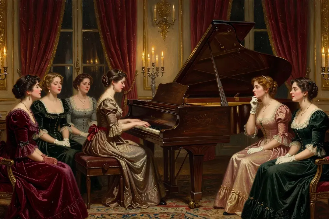 Salon musical bourgeois parisien XIXe, piano à queue, chandélabres, ambiance intime