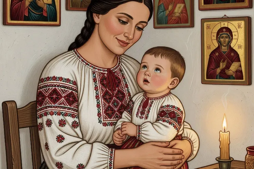 Mère en costume folklorique moldave tenant un enfant, intérieur villageois traditionnel avec icônes