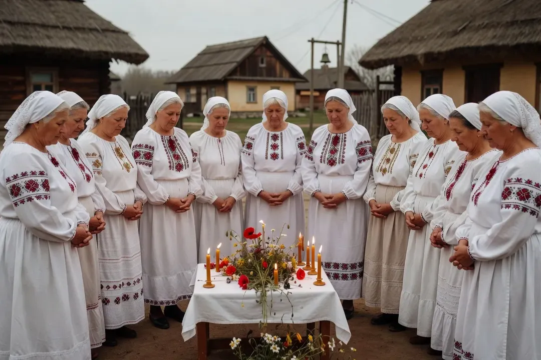 Cercle de femmes âgées en costume slave blanc brodé dans une cérémonie de deuil rituelle, village ukrainien