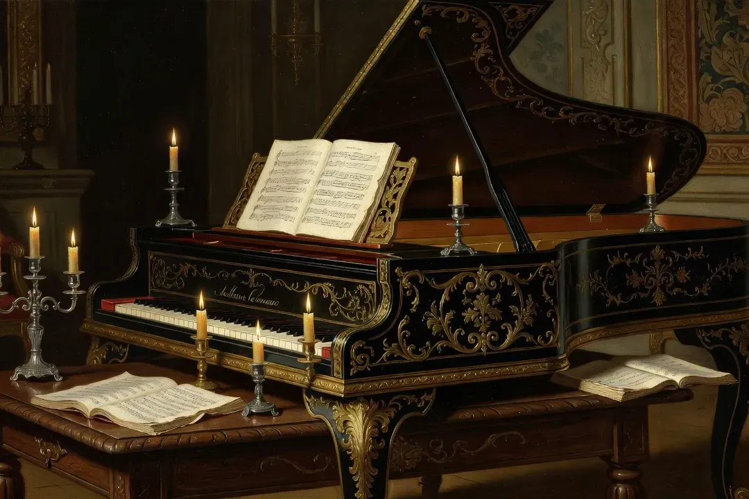 Clavecin XVIIe siècle orné, décoration baroque dorée, bougies, partitions manuscrites ouvertes