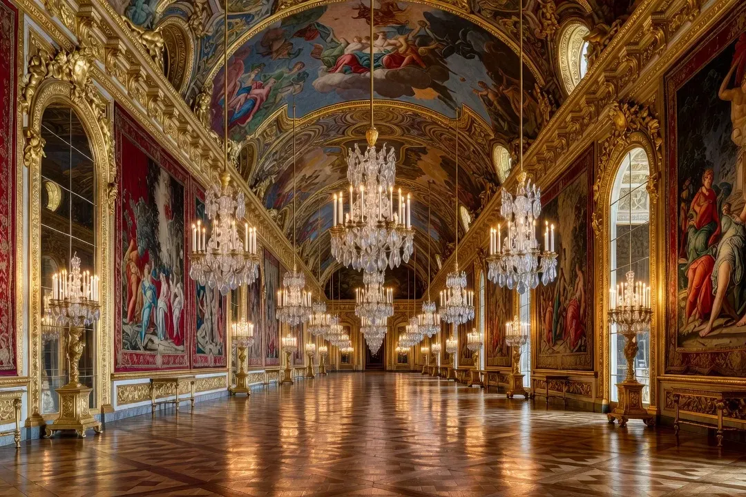Galerie ornée de style Louis XIV, lustres à chandelles, parquet brillant, miroirs, atmosphère Versailles