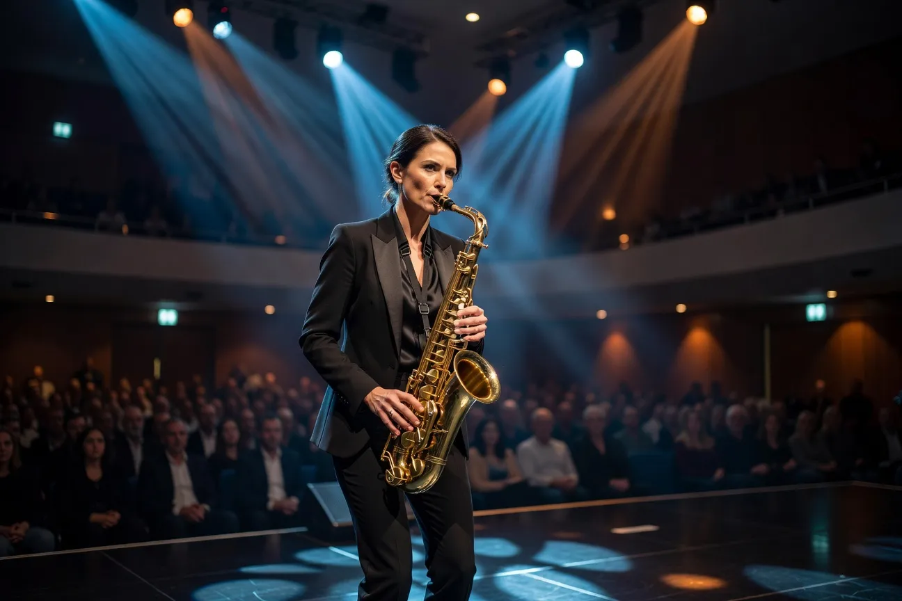 Musicienne de jazz contemporaine jouant du saxophone sur scène dans une salle de concert moderne, éclairage dramatique