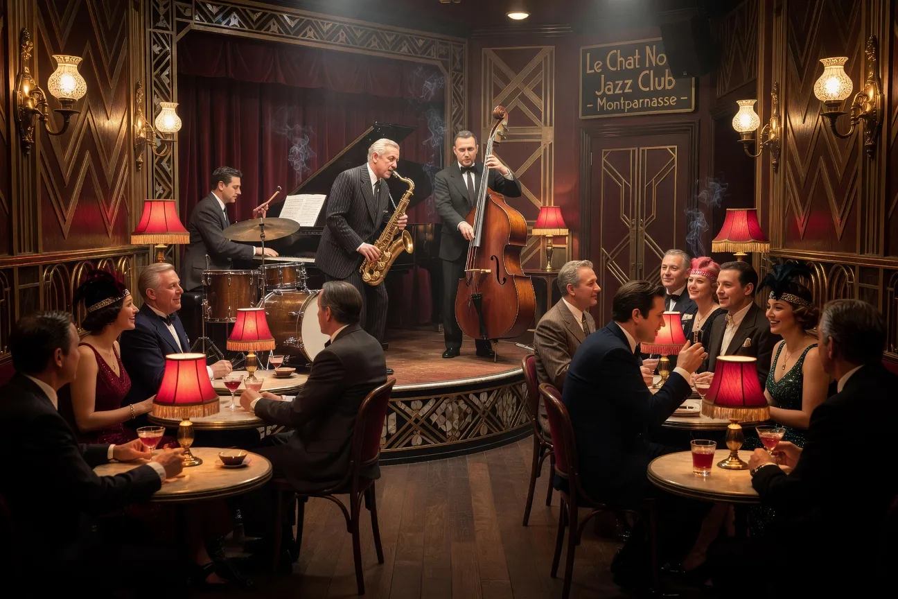 Intérieur d'un club de jazz parisien des années 1930, décoration Art déco, musiciens sur scène, ambiance Montparnasse