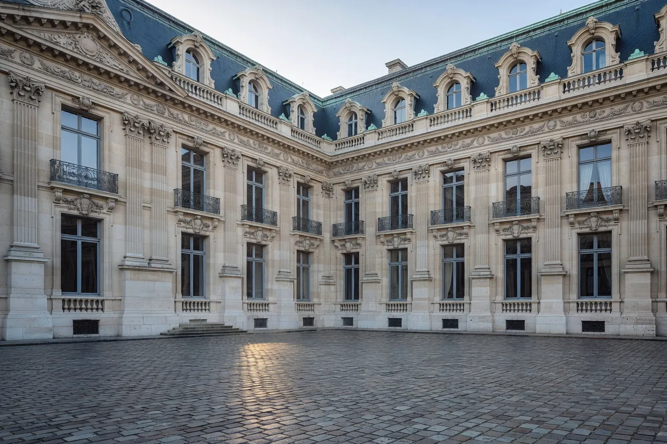 Façade historique du Conservatoire de Paris, architecture Belle Époque, cour vide