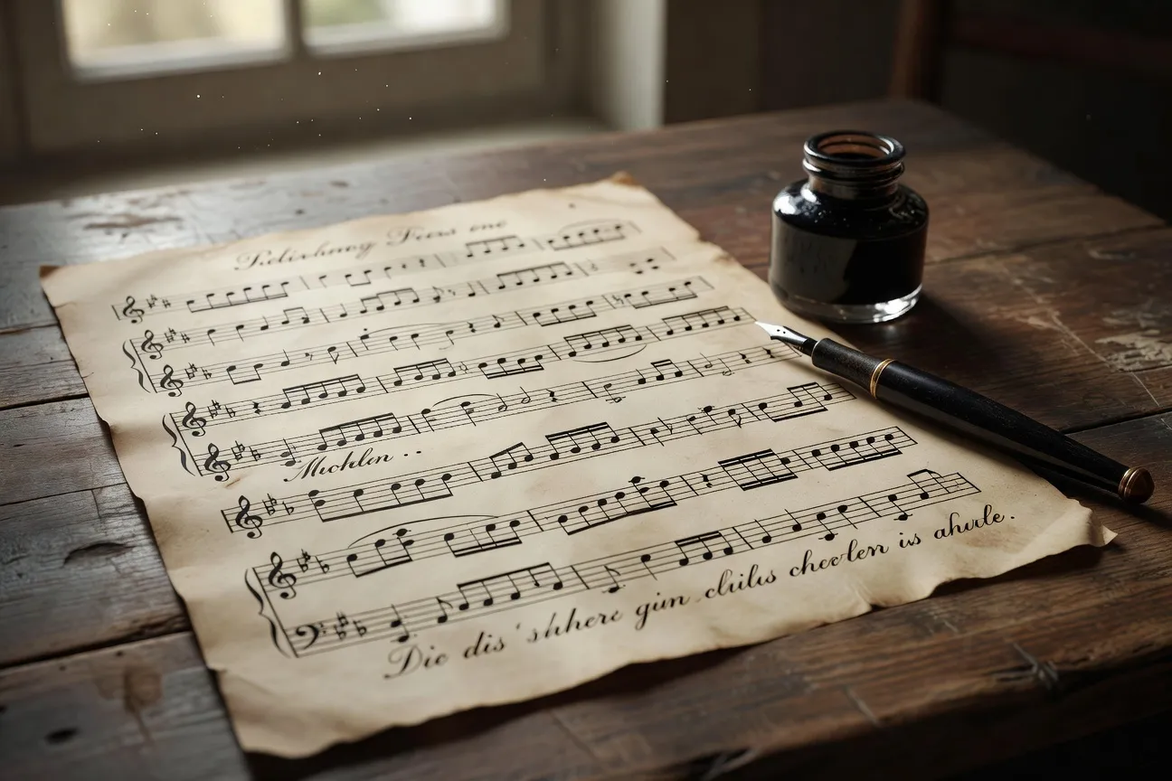Partition manuscrite du début du XXe siècle, plume et encrier, lumière naturelle