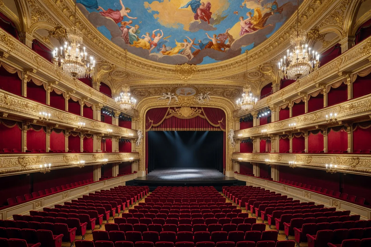 Intérieur d'un opéra français ornementé, lustres dorés, sièges en velours rouge, plafond peint, scène vide avec éclairage dramatique