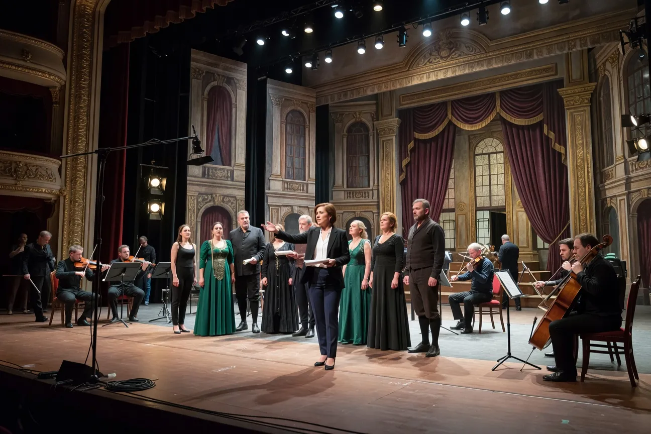 Répétition d'opéra sur une grande scène, directrice donnant des instructions aux chanteurs et musiciens, décor élaboré visible