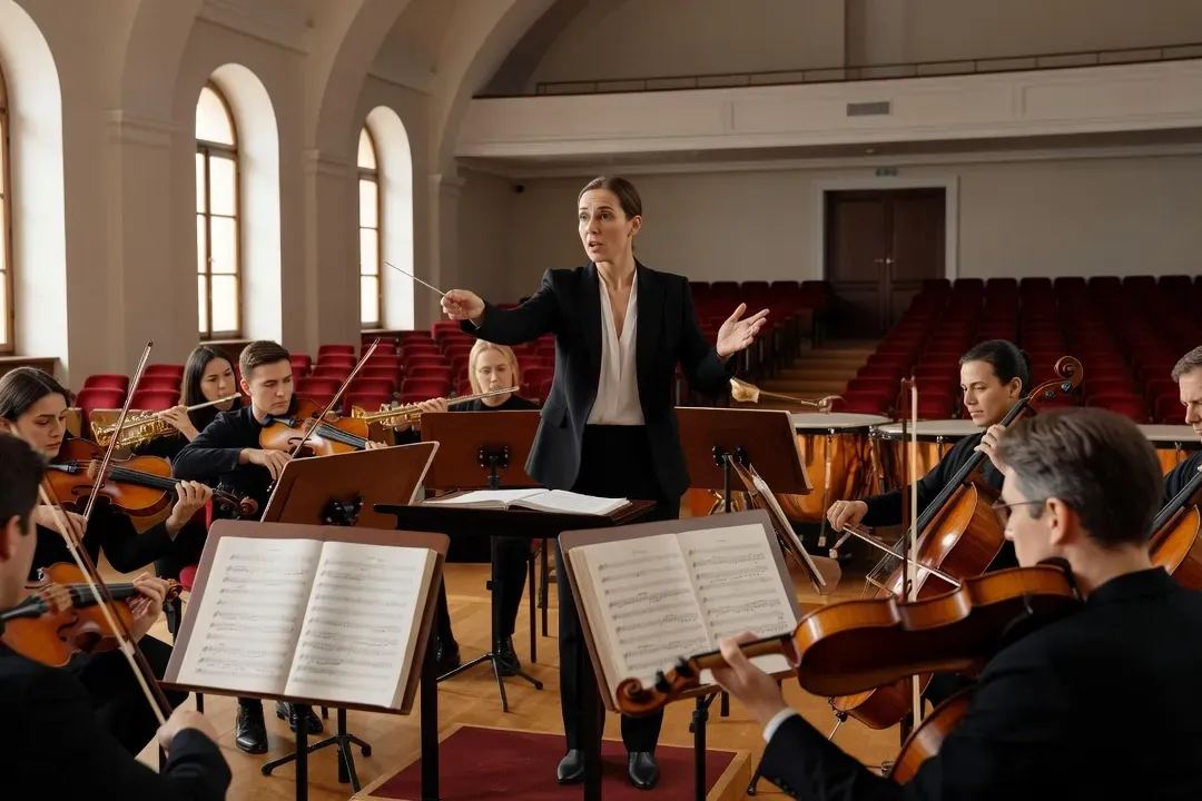 Répétition d'orchestre, cheffe d'orchestre donnant des instructions aux musiciens, partitions ouvertes sur les pupitres