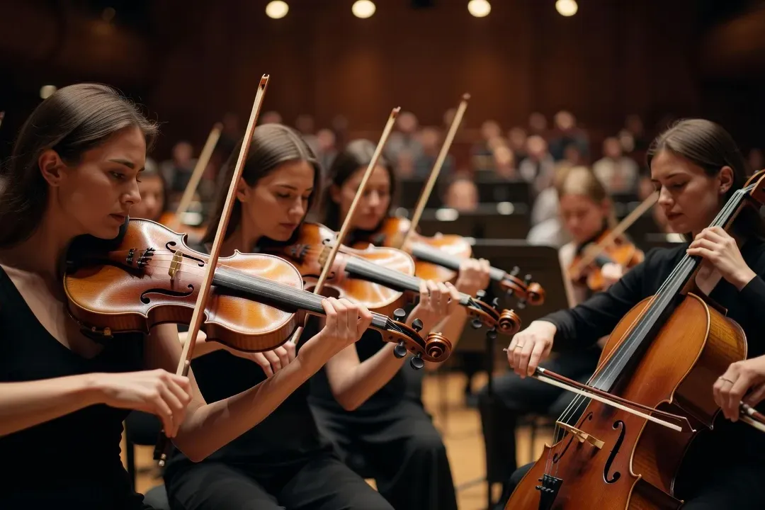 Section de cordes d'un orchestre avec plusieurs musiciennes, gros plan sur violons et violoncelles