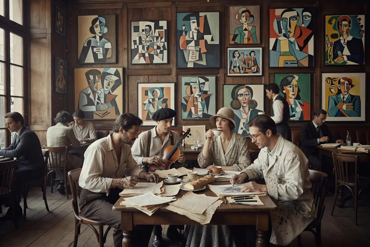 Scène de café parisien des années 1920, groupe de musiciens et artistes bohèmes autour d'une table avec des manuscrits
