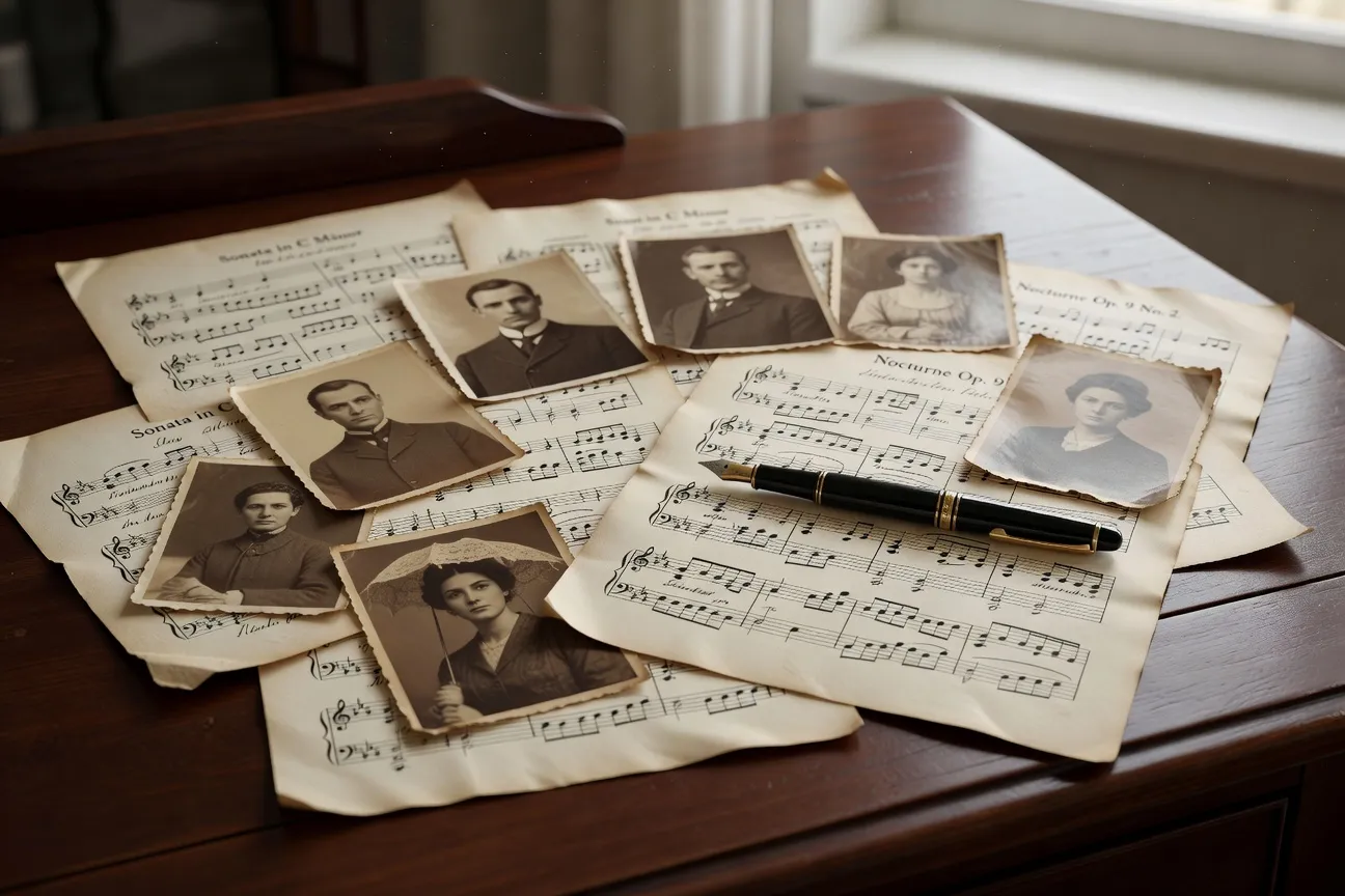 Composition artistique de feuillets de musique anciens, vieilles photographies et plume sur bureau en bois, lumière de fenêtre douce
