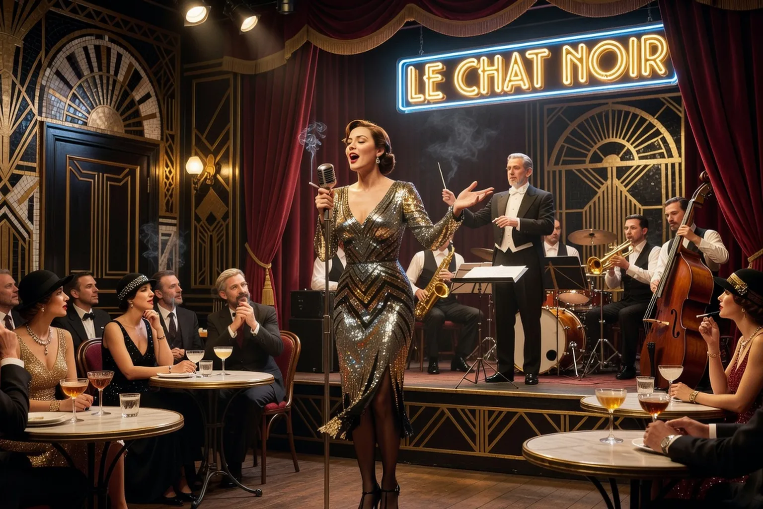 Scène de music-hall parisien années 1940, chanteuse française en robe de scène