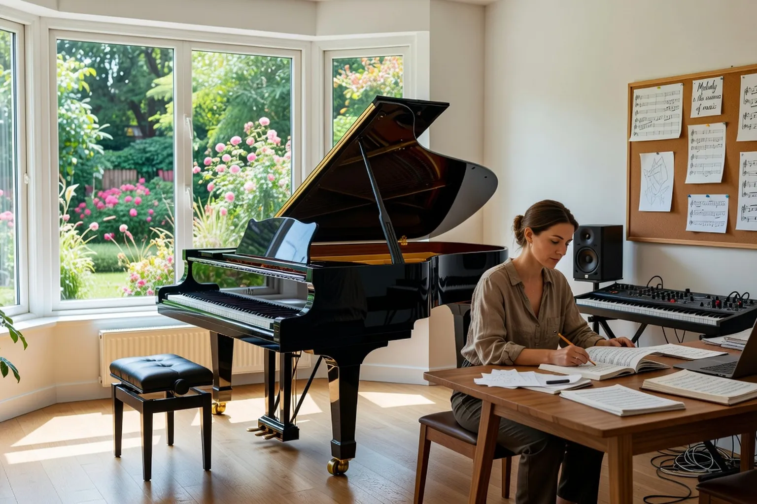 Résidence de création musicale : compositrice au piano dans un studio avec grande baie vitrée