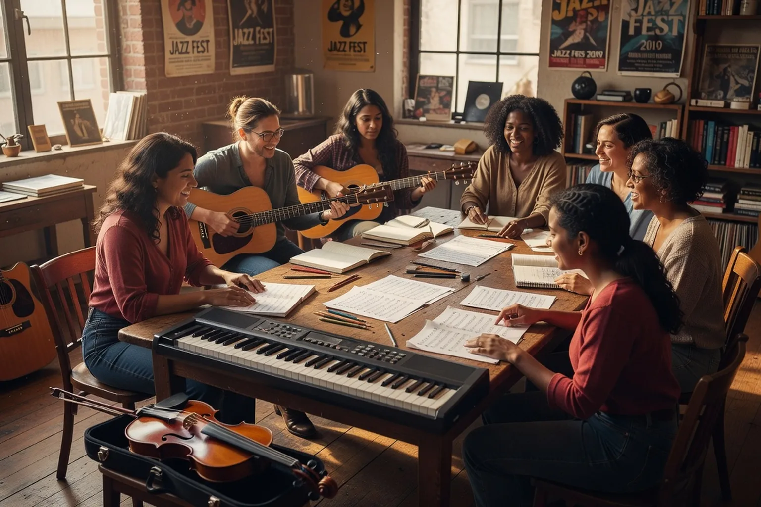 Atelier de composition collectif avec plusieurs femmes musiciennes autour d'une table