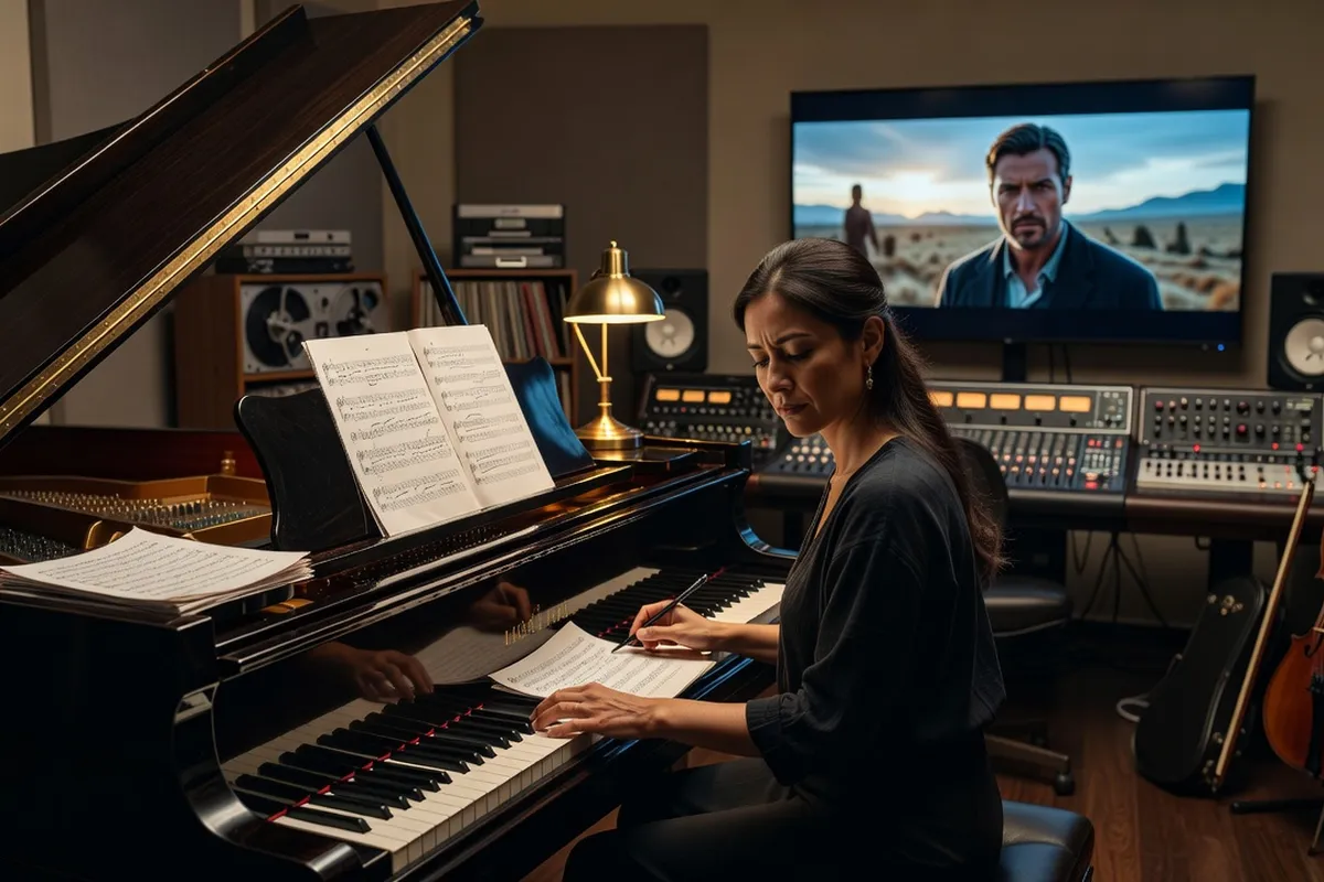 Compositrice de musique de film au piano dans un studio d enregistrement professionnel