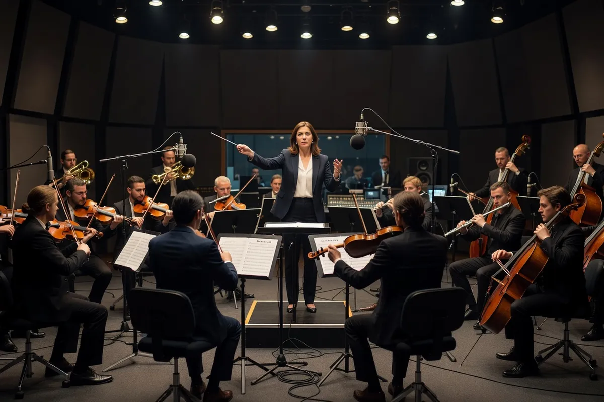 Orchestre de chambre en studio d enregistrement de bande originale de film, cheffe d orchestre