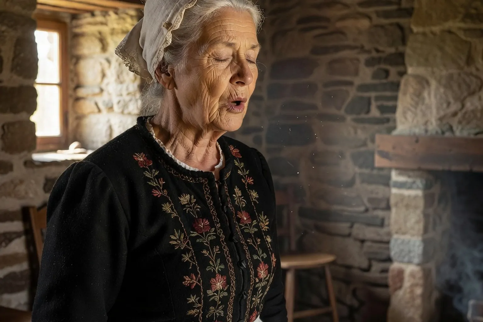 Femme bretonne chantant un gwerz traditionnel, paysage Bretagne