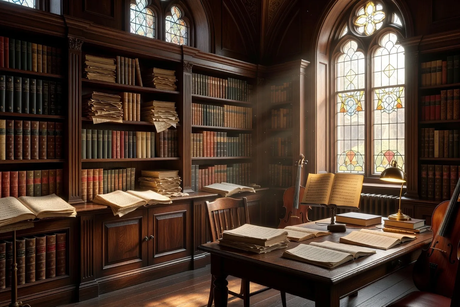 Bibliothèque musicale avec partitions et livres de musicologie, lumière chaude filtrant par des fenêtres