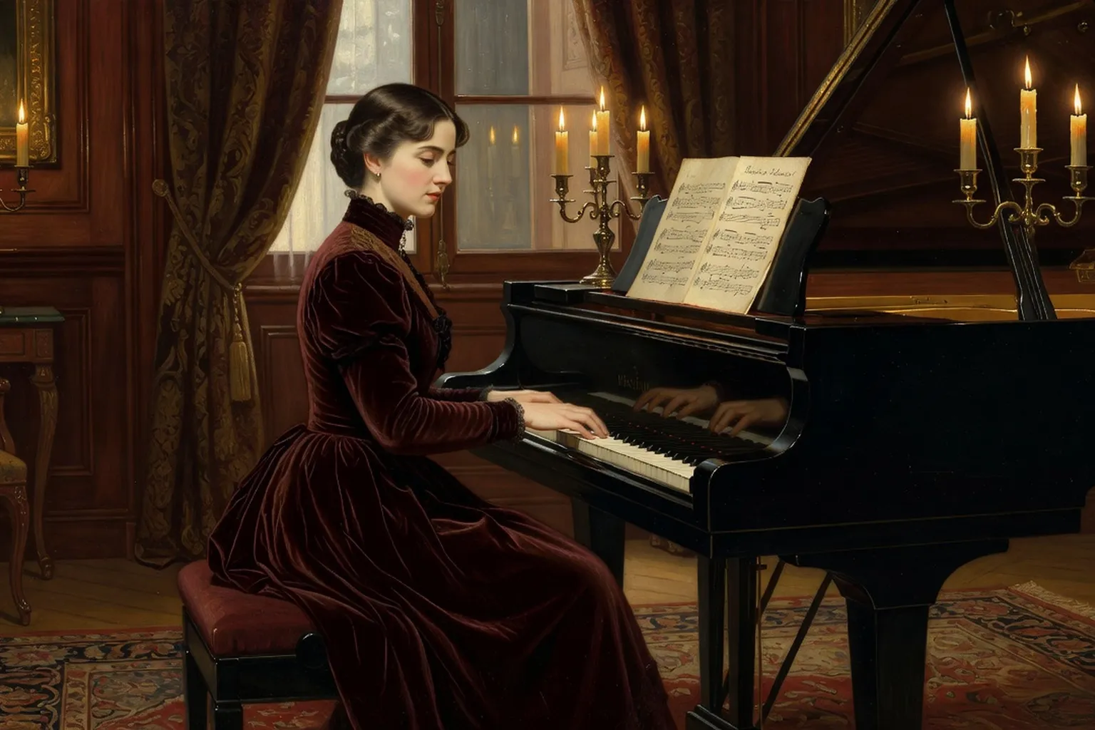 Portrait de femme pianiste du XIXe siècle romantique européen