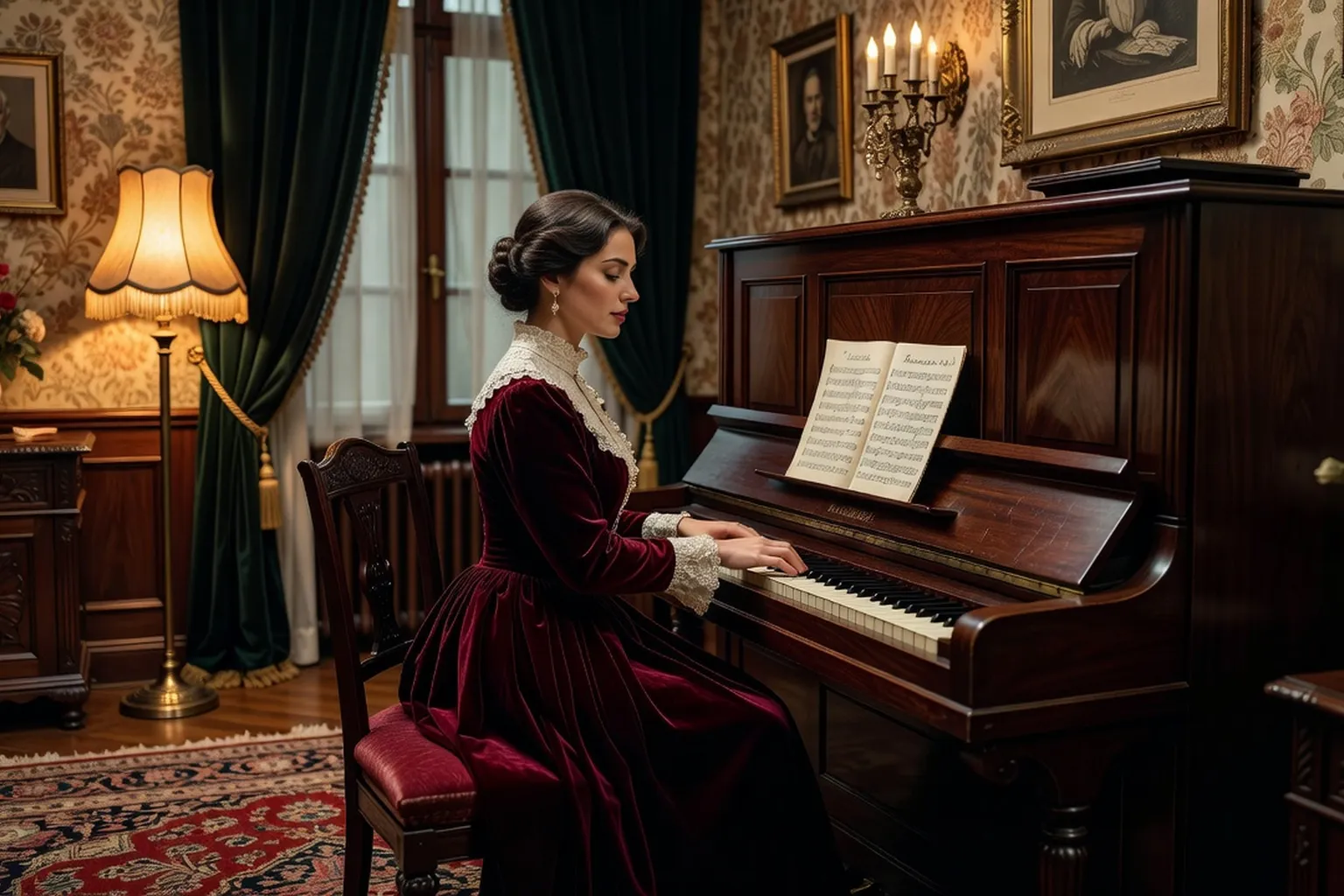 Pianiste polonaise du début du XXe siècle devant un piano à queue dans un salon