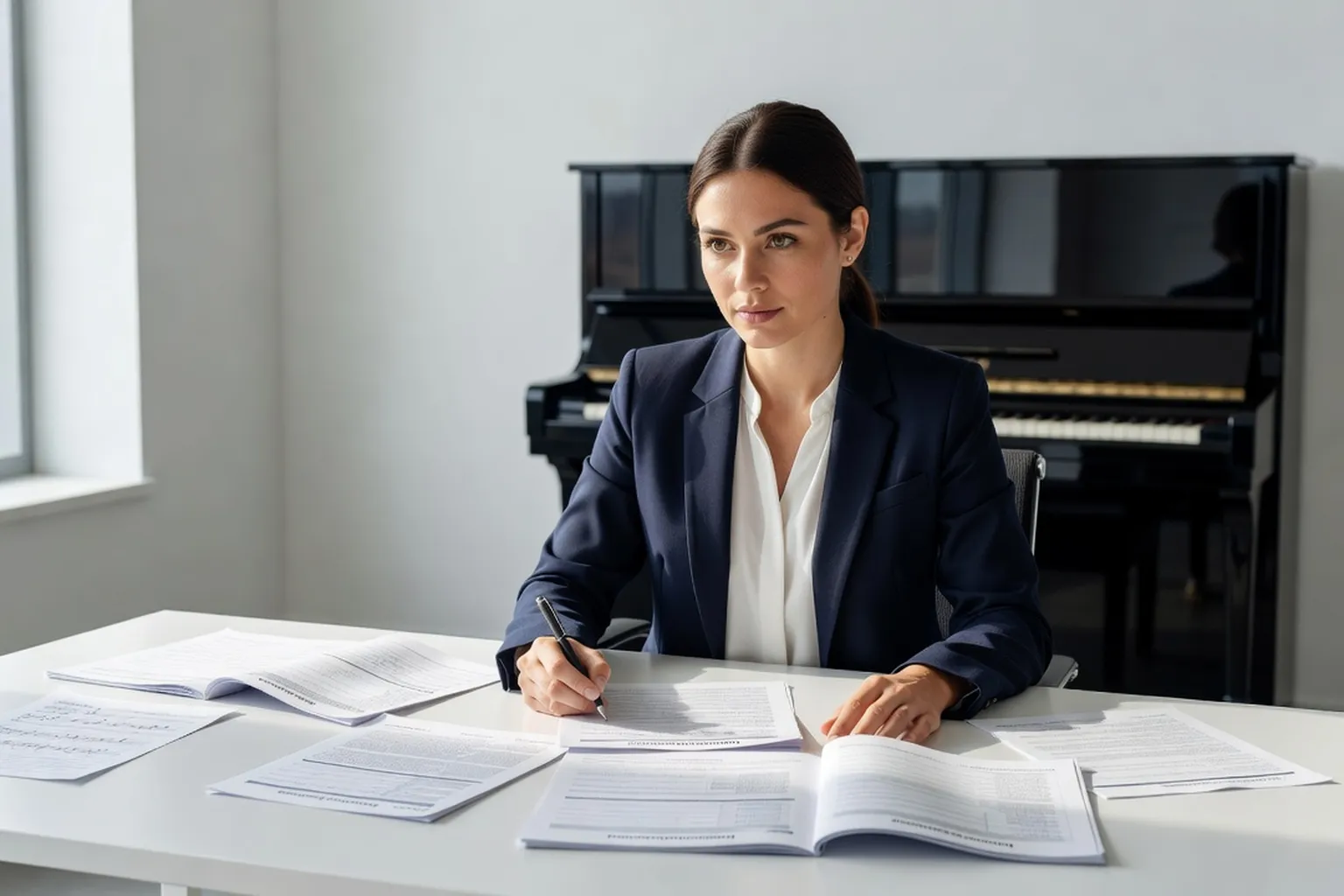 Compositrice dans un bureau lumineux remplissant un dossier de bourse avec un piano en arrière-plan