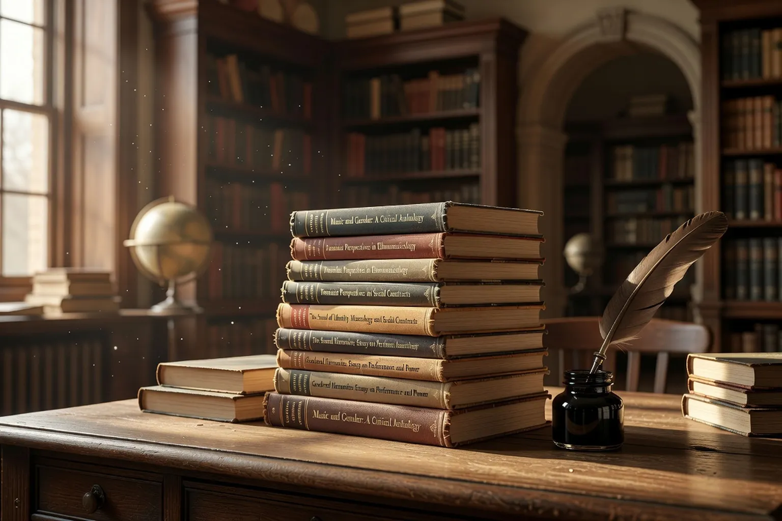 Livres académiques sur la musicologie et les études de genre empilés sur un bureau universitaire