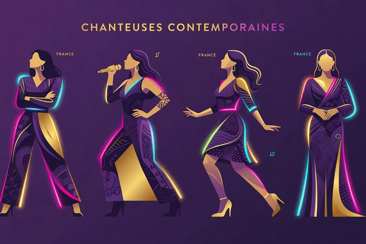 Collage de silhouettes de chanteuses françaises contemporaines dans une palette violette et dorée