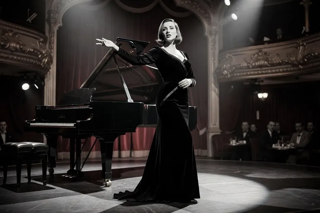 Chanteuse élégante en robe noire sur scène dans un cabaret parisien des années 1960, piano à queue derrière elle, éclairage dramatique