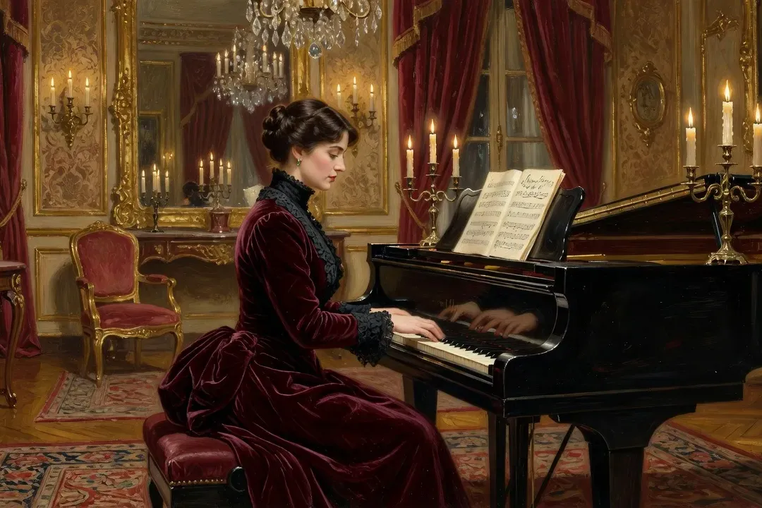 Élégante pianiste française des années 1890 dans un salon bourgeois parisien, robes à tournure, partitions sur le piano