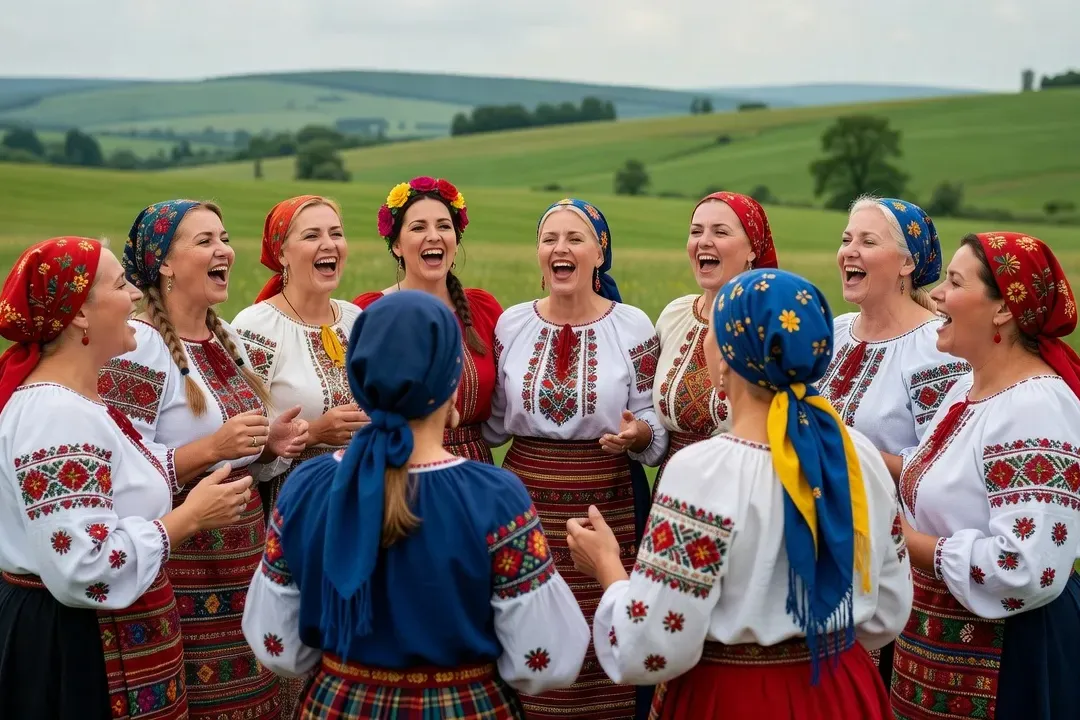 Femmes ukrainiennes en costumes folkloriques colorés chantant en chœur dans une cérémonie traditionnelle, campagne verdoyante