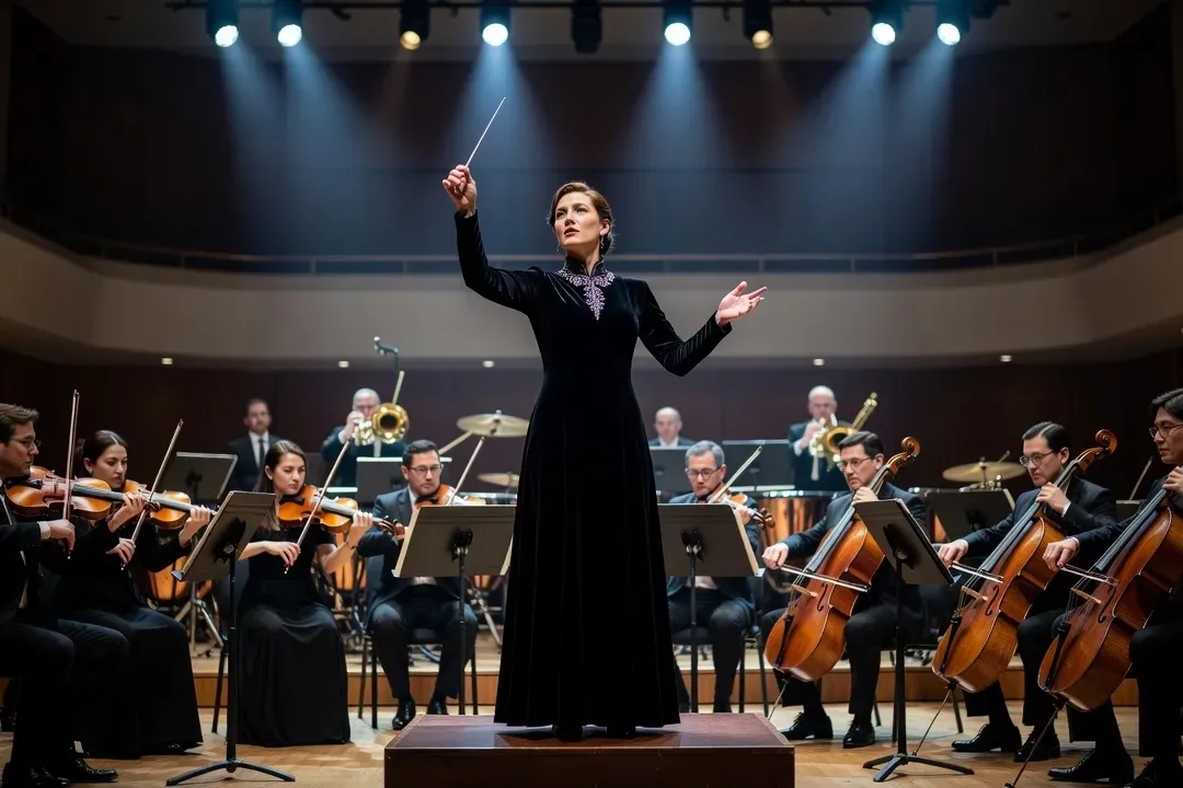 Cheffe d'orchestre française dirigeant un grand orchestre symphonique, bâton levé, musiciens en arrière-plan, salle de concert moderne