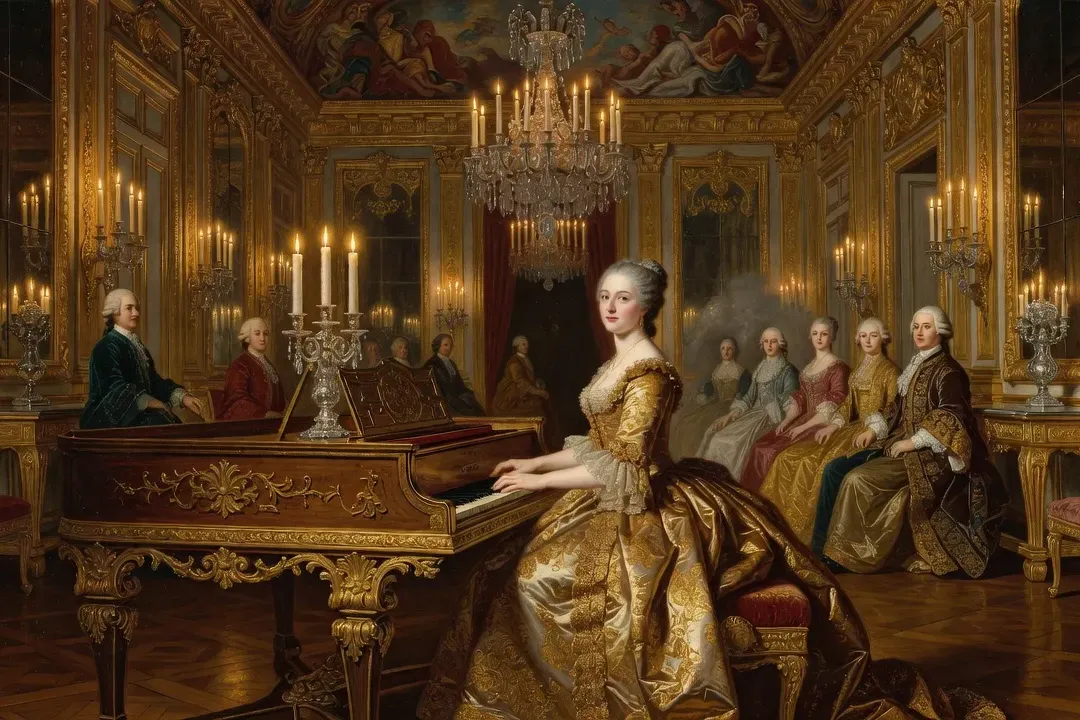 Claveciniste élégante en robe baroque dorée jouant au clavecin dans un salon de la Cour de Louis XIV, chandelles et dorures