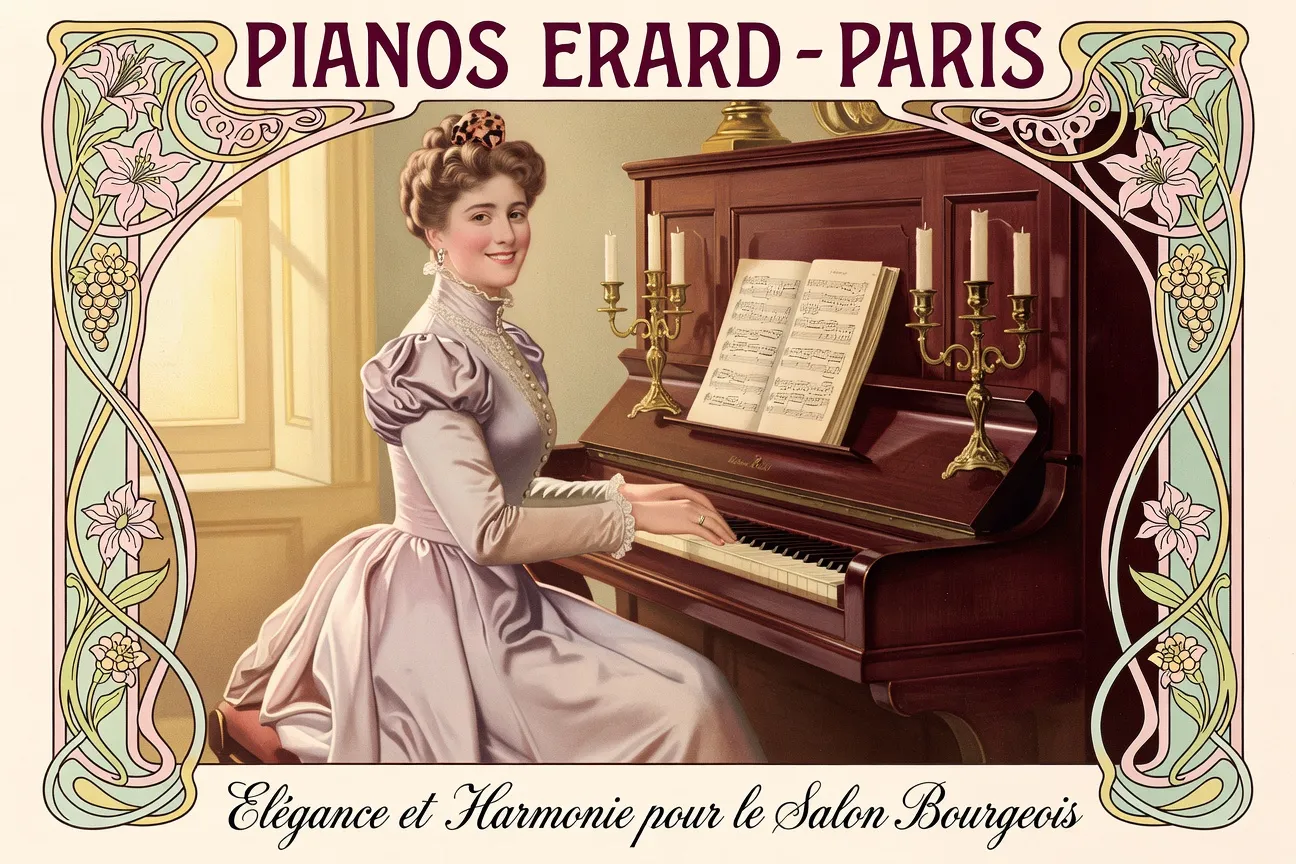 Affiche publicitaire ancienne représentant une femme au piano