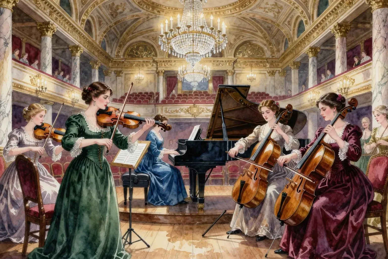 Salle de concert avec musiciennes au XIXe siècle