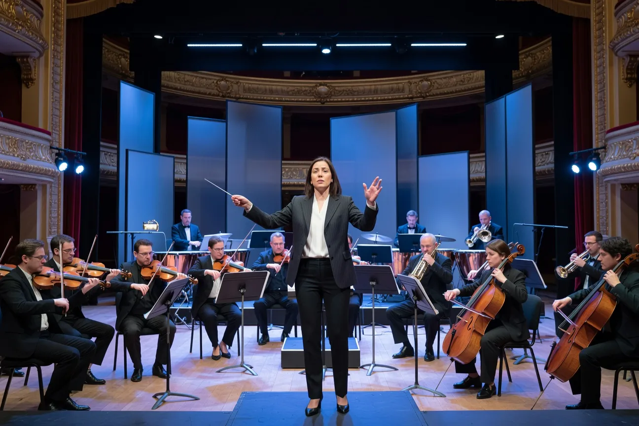 Directrice artistique donnant des instructions à des chanteurs et musiciens sur une grande scène d'opéra, design de scène contemporain