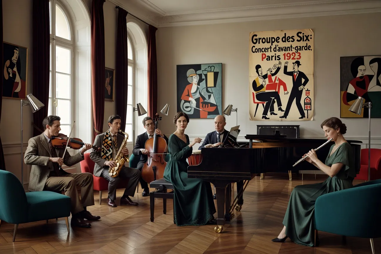 Rassemblement artistique parisien des années 1920, compositrice élégante entourée de musiciens d'avant-garde, décor moderniste