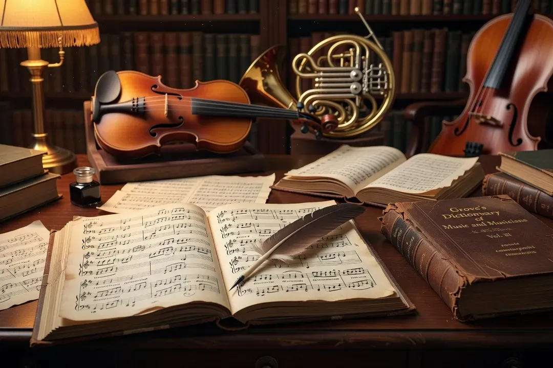 Partitions musicales ouvertes avec annotations à la plume, dictionnaire musical, instruments en arrière-plan