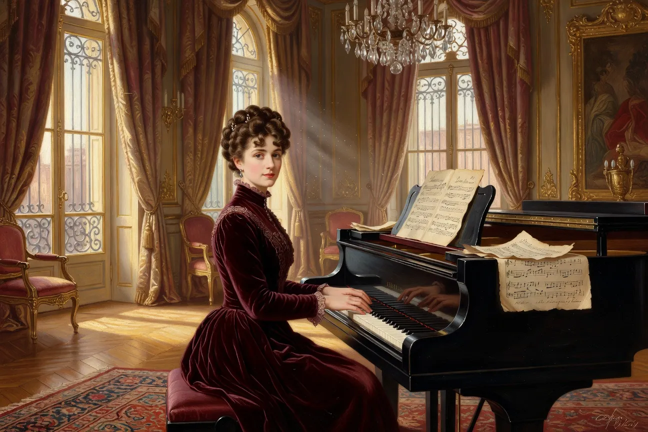 Compositrice française élégante au piano dans un salon parisien, style Belle Époque 1913
