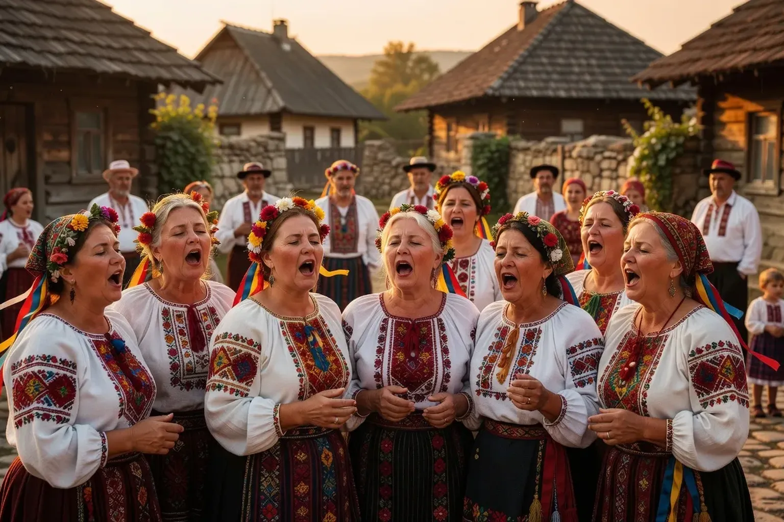 Femme moldave en costume traditionnel chantant lors d'une fête villageoise