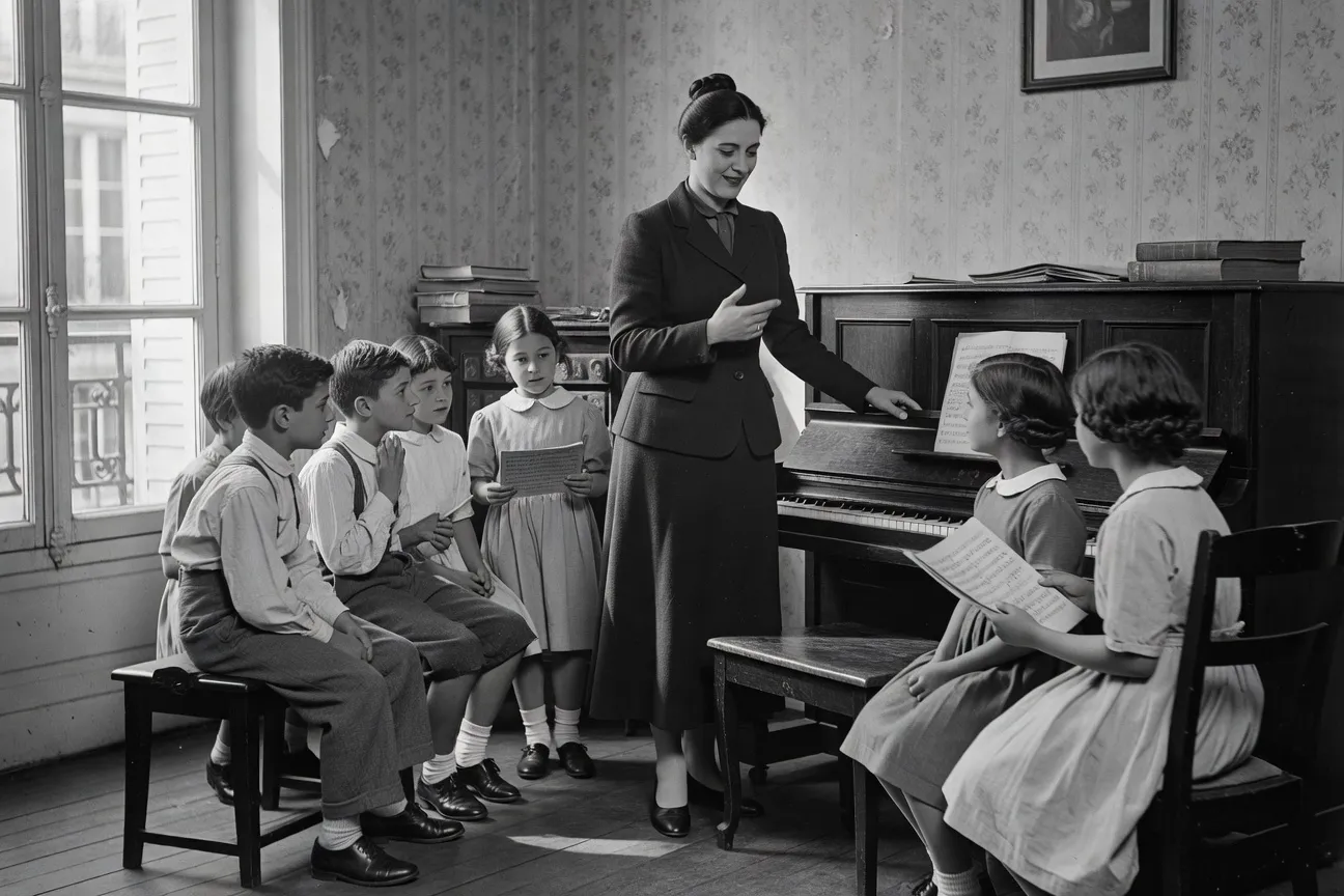 Professeure de musique distinguée donnant un cours à des jeunes musiciens dans un appartement parisien années 1930