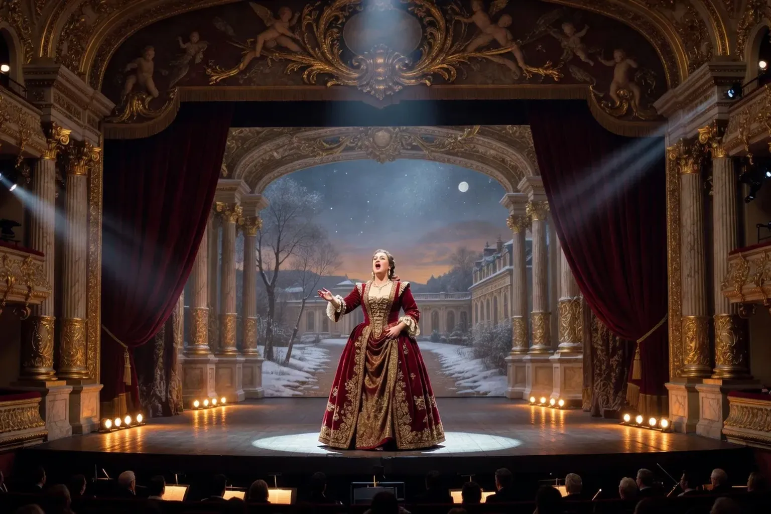 Scène d'opéra avec soprano en costume historique