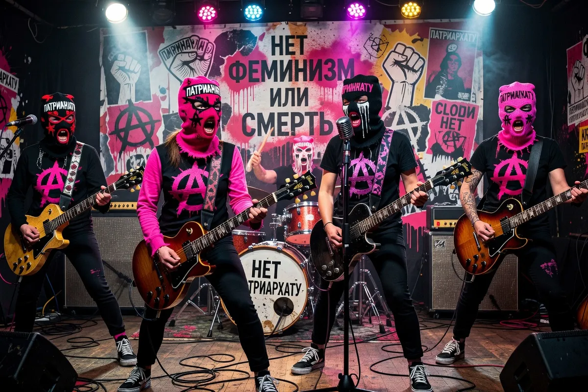 Performance punk féministe avec cagoules colorées et guitares électriques