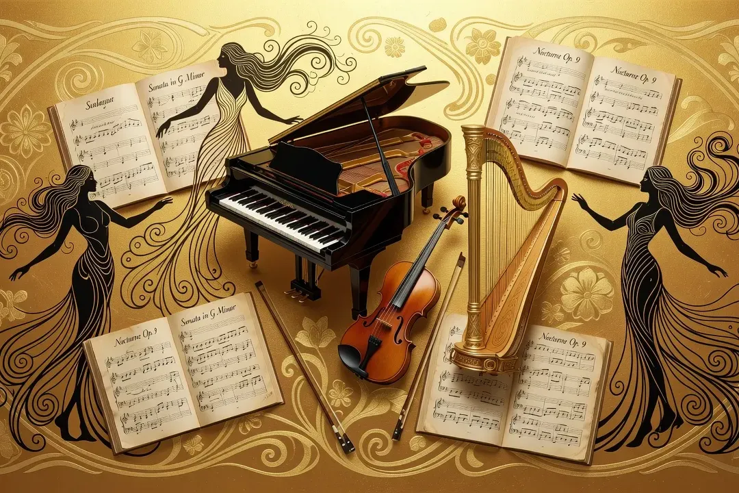 Collage élégant de partitions musicales, instruments (piano, violon, harpe), silhouettes féminines sur fond doré